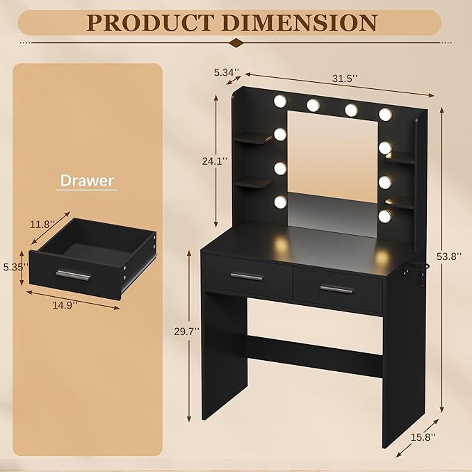 Furmax Make up Vanity Desk with Mirror and Power Outlet, Vanity with 3 Color Light Options Adjustable Brightness,Vanity Desk with 2 Drawers, 6 Storage Shelves (Black, No Bench)
