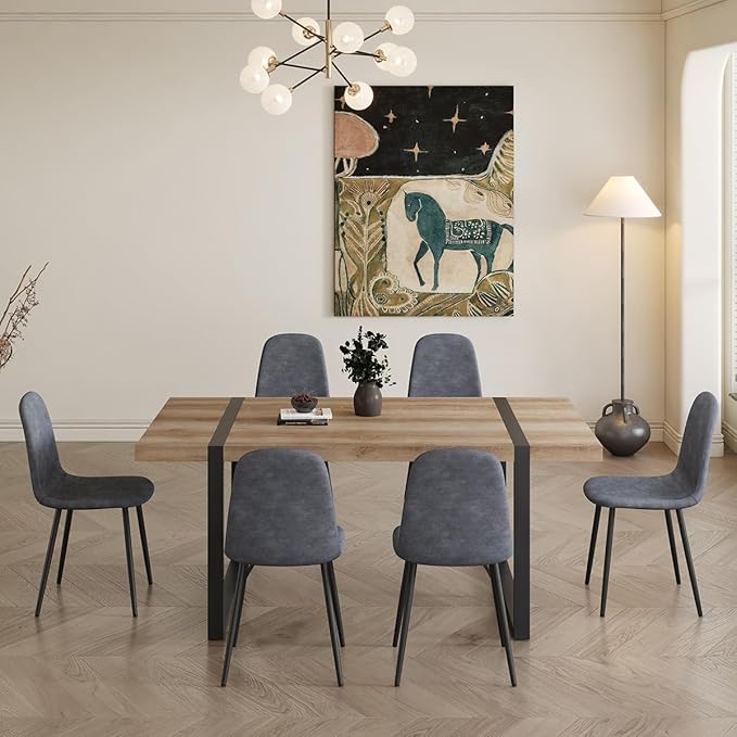 Dining Table Set for 6,Dinner Table Set for 6,71'' Kitchen Table and Suede Nap Fabic Chairs Set of 6,6 Chair Dining Table Set for Kitchen Dining Room