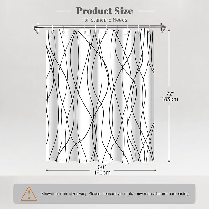 Punkray Black and White Striped Wavy Line Polyester Shower Curtain for Bathroom with Hooks, Shower Curtain Set Stripe Bath Curtains Decor Weighted Hem Washable, 60 x 72