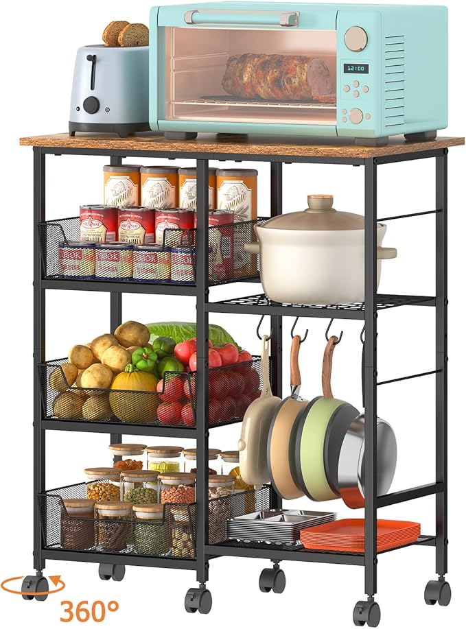 Rolling Kitchen Storage Microwave Cart, Kitchen Island with Adjustable Shelf on Lockable Wheels, Countertop 27.75"L × 15.35"W, Bakers Rack with Tilt-Out Baskets, for Kitchen, Coffee Bar, Living room