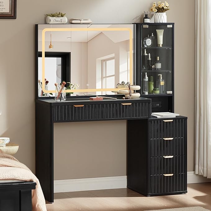 LEYAOYAO Black Vanity Desk with Mirror and Lights, 43.5'' Fluted Makeup Vanity with 6 Drawers and Adjustable Shelves, Glass Top Make Up Vanity, Girls Wood Dressing Table with Power Outlet for Bedroom