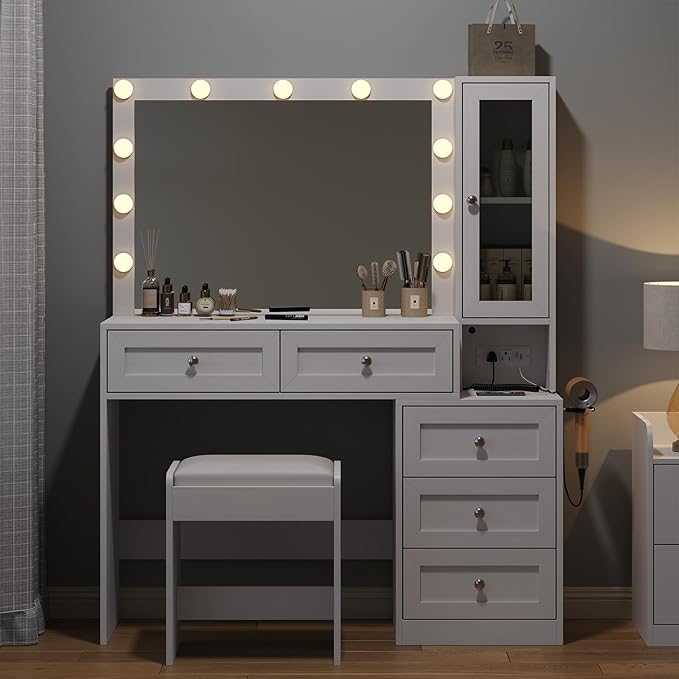 43" W Vanity Desk with Mirror & 11 Lights,Modern Makeup Desk with 5 Drawers & Cushioned Stool,3 Lighting Modes Brightness Adjustable,Power Outlet,Bedroom Dressing Table, White