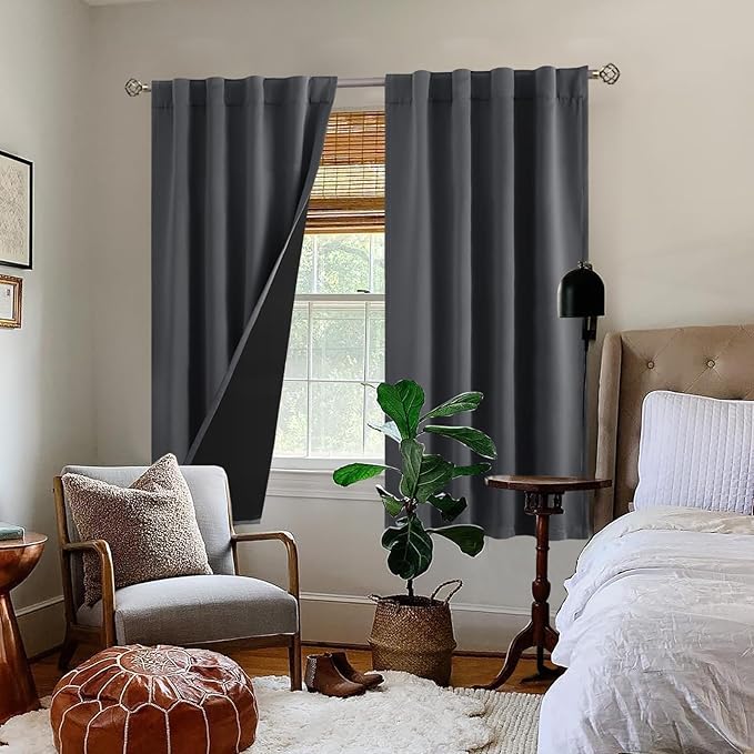 BGment Dark Grey 100% Blackout Curtains 63 Inches Long with Thermal Insulated Liner, Rod Pocket and Back Tab Double Layer Full Room Darkening Window Curtain for Bedroom, 2 Panels,Each 38 x 63 Inch