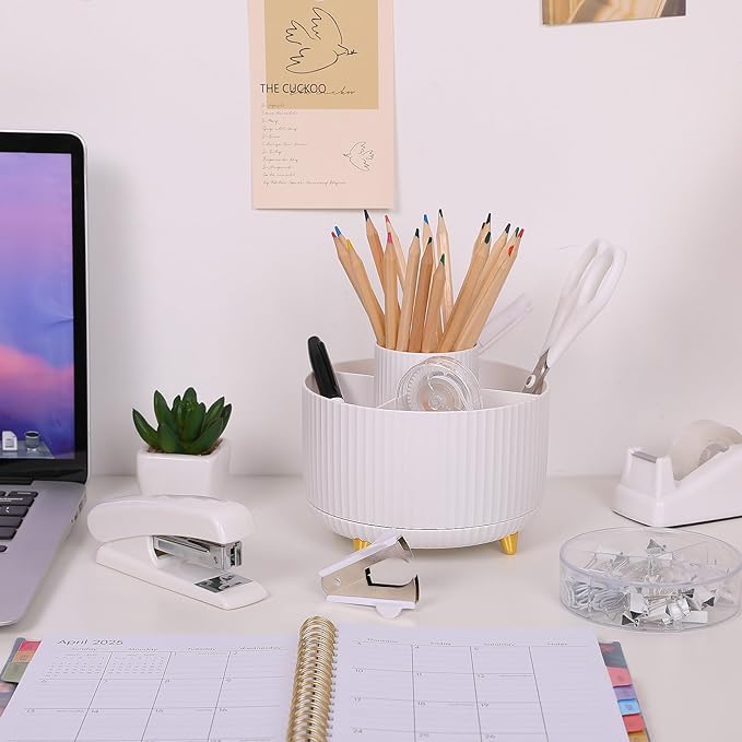 SKYDUE White Office Supplies Set, Office Desk Accessories 10PCS, Pencil Holder for Desk, Stapler, Tape Dispenser, Scissors, Ruler, Binder/Paper Clips and 1000pcs Staples,Desk Supplies Set