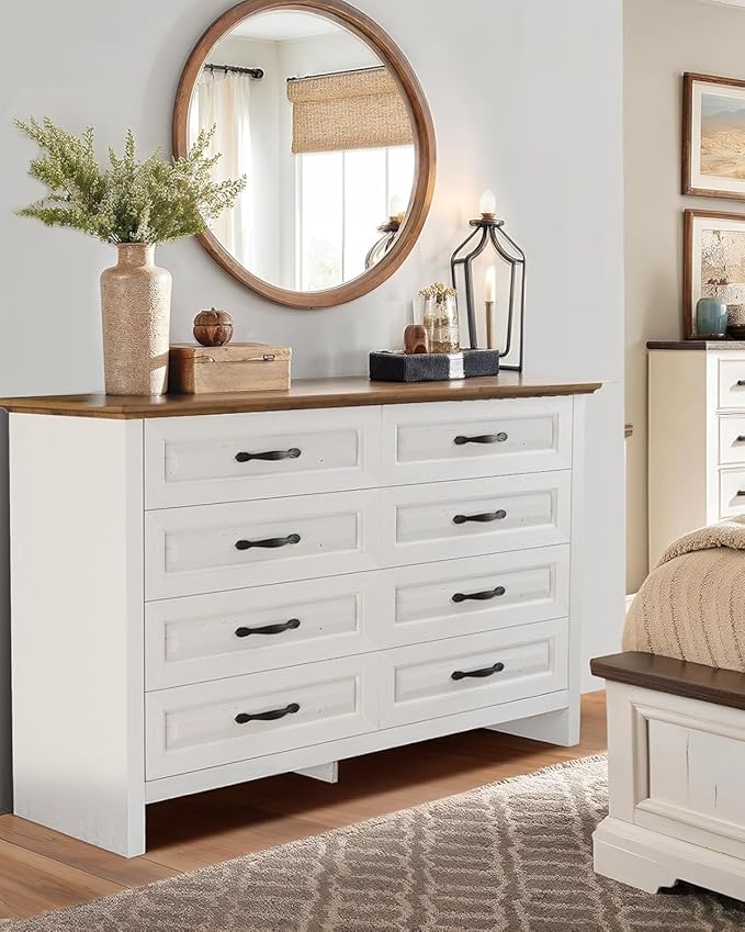 Pipishell White 8 Drawer Dresser for Bedroom, 47" Wide Wood Chest of Drawers with Bar Handles, Modern Storage Dresser Organizer for Bedroom, Living Room, Hallway, Brown & White