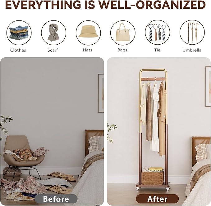 Clothes Rack Solid Wood Coat Rack, Metal and Solid Wood Combination Clothing Rack with Wheels for Entryway, Bedroom, Living Room, Coat Racks Freestanding for Hanging Clothes Garment Scarf