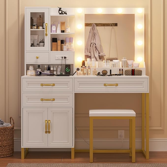 Vanity Desk with Mirror & Lights, Upholstered Stool & Power Outlet, Makeup Vanity Set with Glass Top Drawers, Shelves & Cabinets, Modern White & Gold