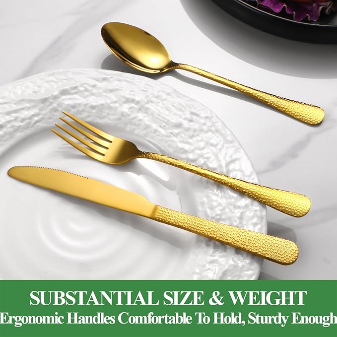 20 Pcs Gold Silverware Set for 4 with Hammered Design, Food Grade Stainless Steel Flatware Set, Eating Utensils Sets Include Fork/Knife/Spoon, Cutlery Set, Dishwasher Safe