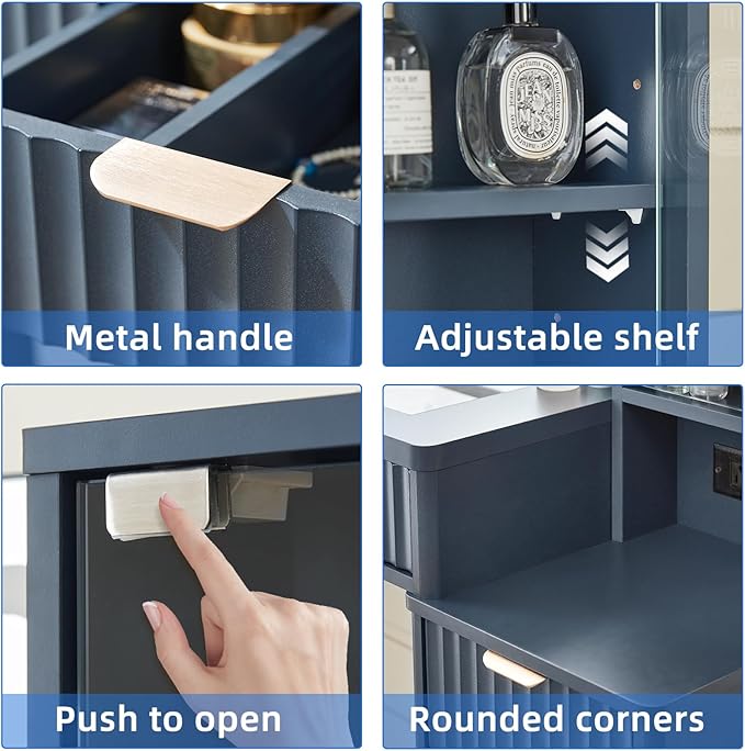 LEYAOYAO Vanity Desk with Mirror and Lights with Stool, 43.5'' Fluted Makeup Vanity with 6 Drawers and Adjustable Shelves,Wood Make Up Vanity Set with Glass Top and Power Outlet for Bedroom