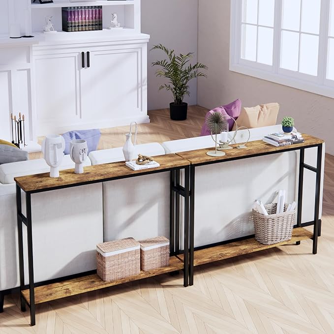 Narrow Console Table, 39.4” Sofa Table with Adjustable Shelf, 2-Tier Long Skinny Table for Hallway, Entryway, Living Room, Foyer, Rustic Brown