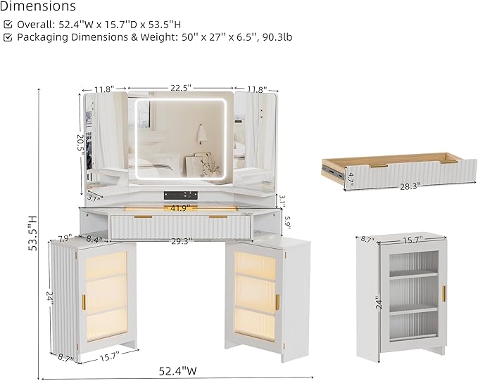 Corner Vanity Desk with 3 Way Mirror & LED Light, Fluted Makeup Vanity with Glass Top, Charging Station, Large Drawer & 2 Sliding Storage Cabinets with Human Sensor Light, White Marble
