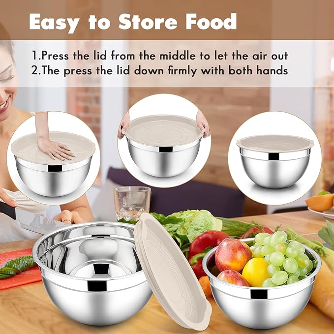 E-far Stainless Steel Mixing Bowls with Lids, 5-Pack Metal Nesting Bowls with Airtight Covers for Cooking, Baking, Serving, Storage, Non-toxic & Dishwasher Safe, Size 4.6/3/1.5/1/0.7QT - Khaki