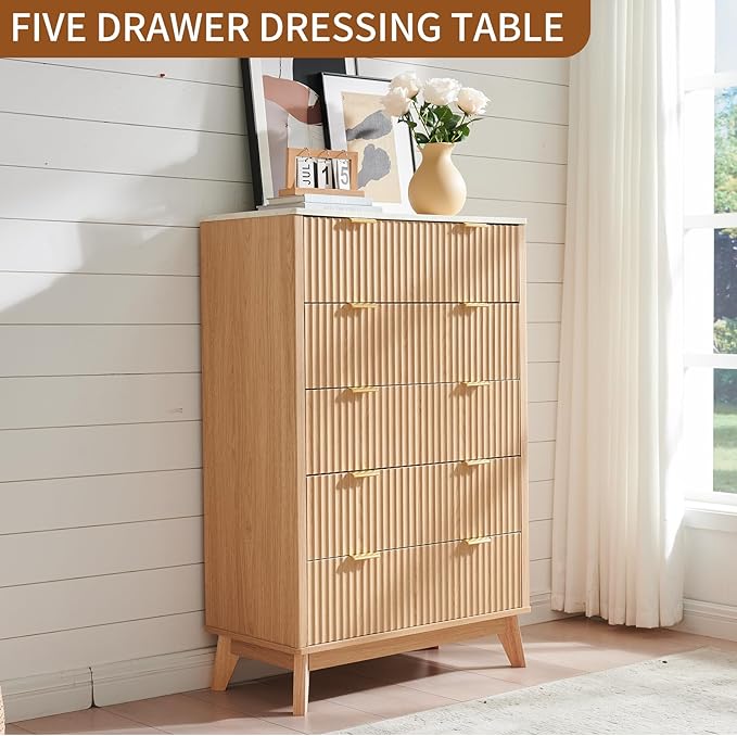 Fluted 5 Drawers Dresser for Bedroom, 48" Tall Modern Chest of Drawers with Metal Handle, Farmhouse Dresser TV Stand, Wood Drawer Organizer for Bedroom, Living Room, Hallway (Natural Oak)