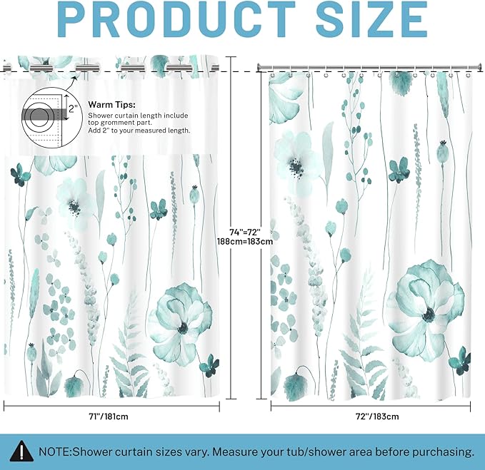 No Hook Shower Curtain with Snap in Liner - Floral Shower Curtain - Fabric Waterproof Inner Liner, Plants Watercolor Seaweed Green Modern Cloth Shower Curtains - Machine Washable, 71 x 74