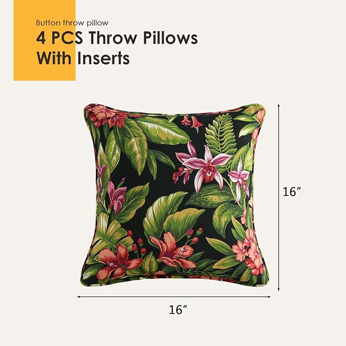 Outdoor Decorative Pillows Pack of 4, 16" x 16" Outdoor Pillow Set for Couch Bed Throw Patio Sofa, Red Flower Green Leaf