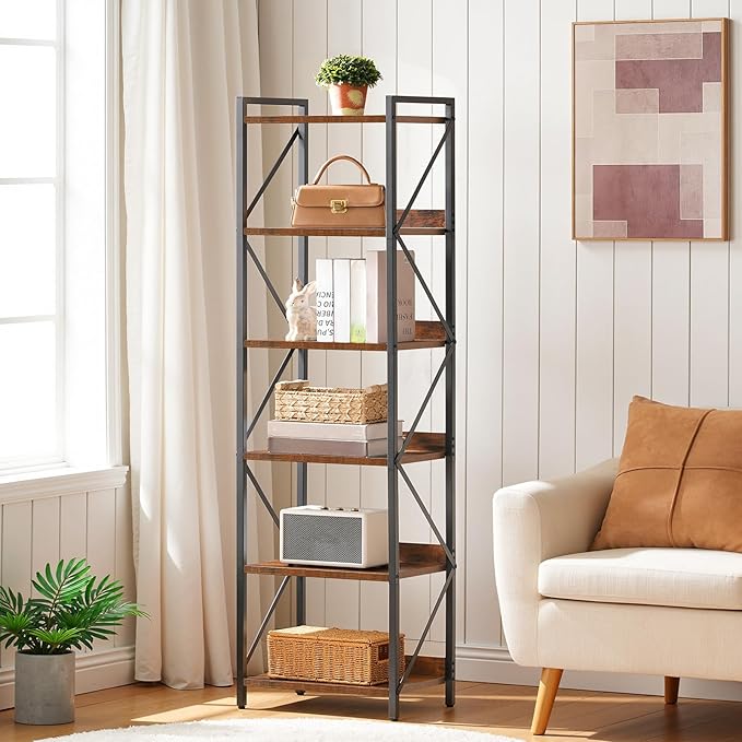 HOOBRO Bookshelf, 6-Tier Industrial Bookcase, Book Shelf Storage Organizer, Tall Bookshelf with Metal Frame for Living Room, Bedroom, Home Office, Kitchen, Rustic Brown and Black BF72SJ01