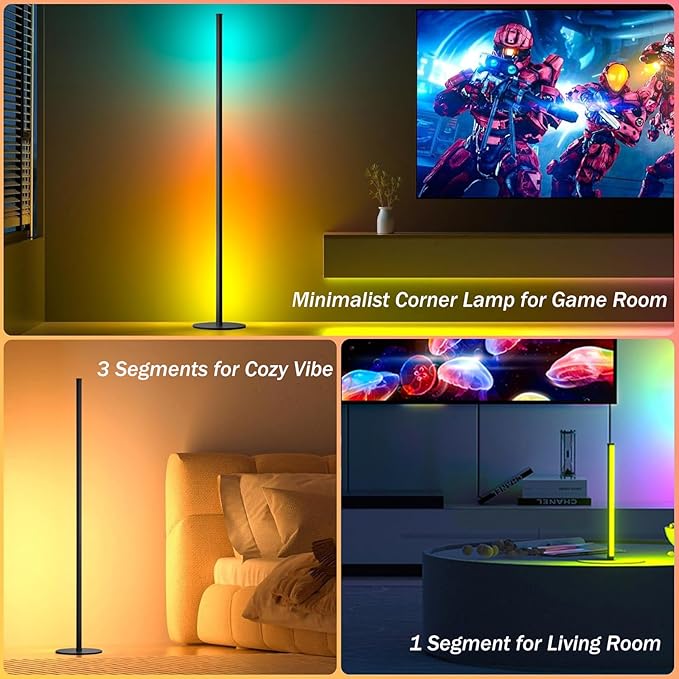 RGB Corner Floor Lamp 2 Pack, 55" Minimalist Standing Lamp with Remote Control, Music Sync 16 Million Colors, Warm White Ambient Lighting, Color Changing LED Corner Lamp for Living Room Bedroom Gaming