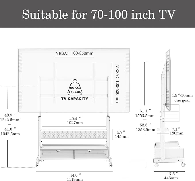 FITUEYES Rolling TV Stand Mount for 70 to 100 Large TV Screens,Mobile TV Floor Stand on Wheels with Ample Storage Pegboard & Wooden Shelf, Rolling TV Cart Hold up to 176 lbs, Max VESA 850 x 600