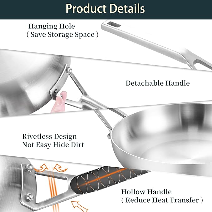 Tri-Ply Stainless Steel Pan Set, 10" & 12" Frying Pans with Lids, 2 Piece Set, Fully Bonded, Oven & Dishwasher Safe, Compatible with All Cooktops Up to 550F