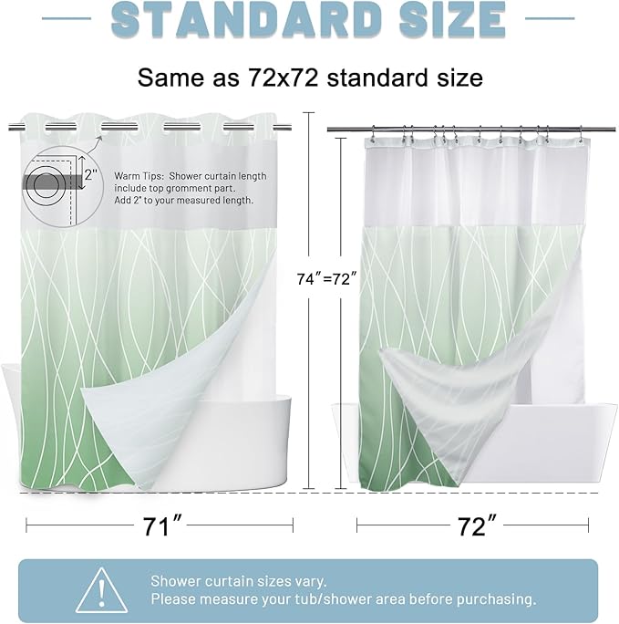 No Hook Ombre Green Striped Shower Curtain with Snap in Liner Set - Hotel Shower Curtain and Liner Set with See Through Mesh Top Window,Machine Washable, 71x74 INCH