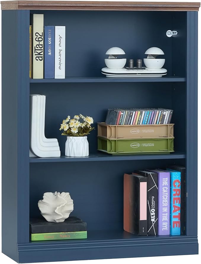 43" Blue Tall Bookshelf,3-Tier Thick Wooden Book Shelf with Adjustable Shelves,Free Standing Farmhouse Bookcase with Open Display Storage,Floor Vintage Bookshelves for Living Room,Office