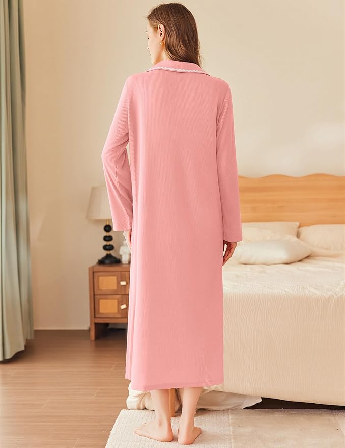 Ekouaer Zipper Robes for Women Long Waffle Knit Bathrobe Lightweight Long Sleeves Robe Soft Sleepwear with Pockets S-XXL