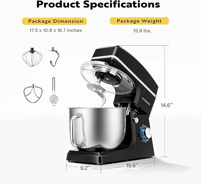 VIVOHOME 7.5 Quart Stand Mixer, 660W 6-Speed Tilt-Head Kitchen Electric Food Mixer with Beater, Dough Hook, Wire Whip, and Egg Separator, Black