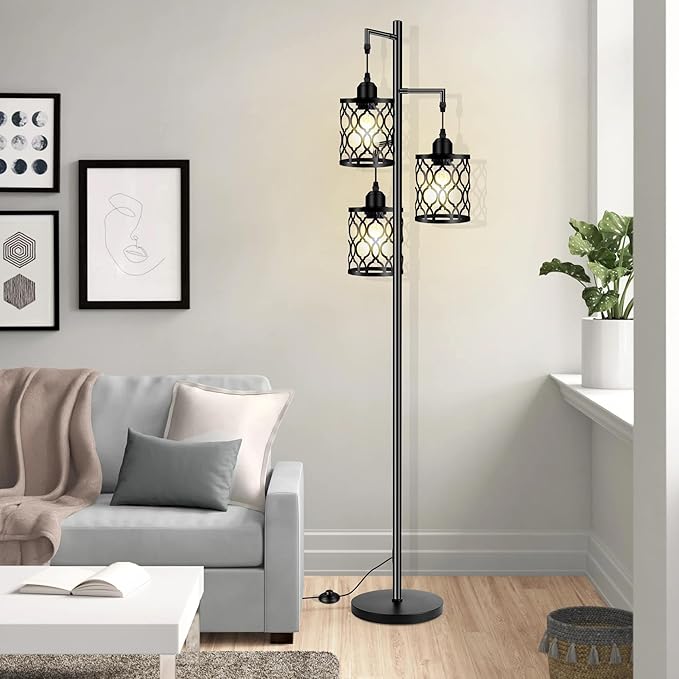 Industrial Floor Lamp, Metal Farmhouse Floor Lamp for Living Room, Rustic Standing Tall Lamps with 3 Elegant Cage Heads, Tree Floor Lamps for Bedrooms, Home Office, Bar, 68", Black, Bulb Not Included