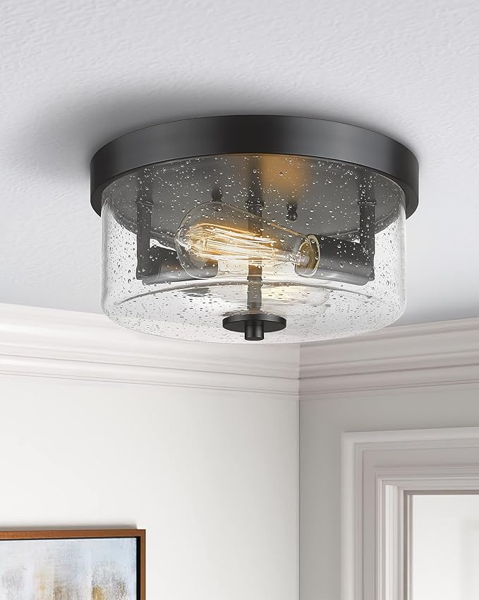 Emak Matte Black 2 Light Flush Mount Ceiling Light Fixture, 11 Inch Close to Ceiling Light Fixtures with Seeded Glass Shades for Hallway, Kitchen, Bathroom, Dining Room, FM082-BK