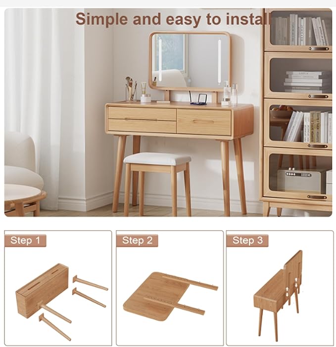 Soild Wood Vanity Table 38 IN with Light Mirror High Adjustable, Make Up Desk Large Dressing Table 3 Lighting Modes, Makeup Vanity 3 Drawer Dresser Vanity Table Wooden for Checkroom Apartment Bedroom