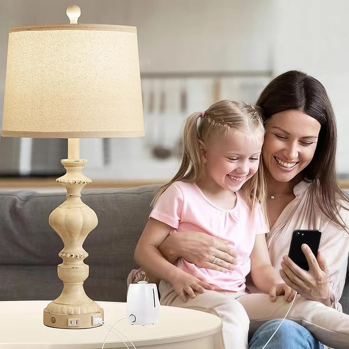27.5" Farmhouse Table Lamps Set of 2 Bedside Nightstand Lamp with USB C+A Ports & AC Outlet, 3 Way Dimmable Touch Lamps for Bedroom Living Room Office Hallway Rustic Traditional Lamp