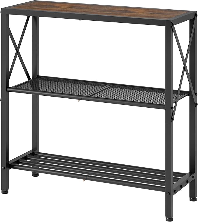 Hoctieon Industrial Console Table, 3-Tier Entryway Tables, Metal Frame, Sofa Table with Shelf, Hallway Tables, Entrance Desk for Entryway, Living Room, Foyer, Hallway, Rustic Brown&Black