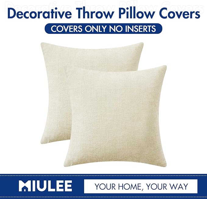 MIULEE Pack of 2 Cream Throw Pillow Covers 16x16 Inch Soft Chenille Pillow Covers for Sofa Living Room Couch Solid Dyed Cases