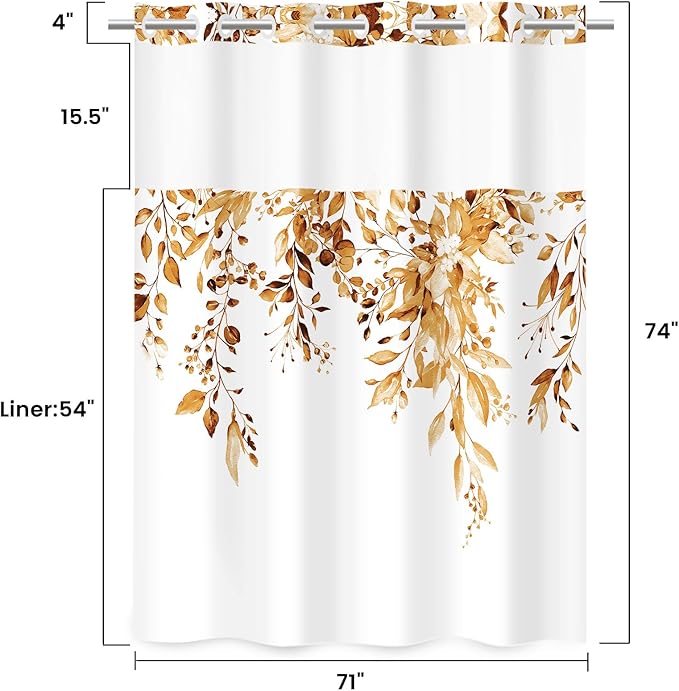 No Hook Shower Curtain with Snap in Liner - Eucalyptus Shower Curtain - Washable Waterproof Inner Liner, Plants Orange Leaves Modern Shower Curtains - Machine Washable, 71 x 74