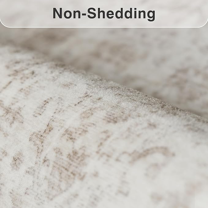 FMFUNCTEX 9x12 Washable Area Rug Beige Vintage Neutral Distressed Large Non Slip Carpet for Living Room Bedroom Soft Low Pile Indoor Mat Retro Floral Throw Rug for Dining Room Kitchen Office Nursery