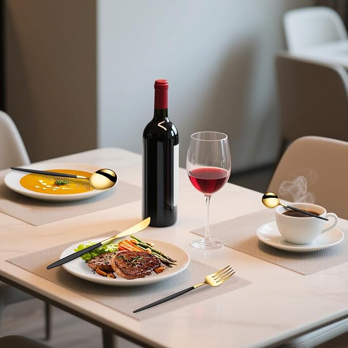 24 PCS Gold Silverware Set, Food-Grade Stainless Steel Flatware Set for 6, Cutlery Set Tableware with Black Handle, Steak Knives Forks and Spoons, Utensil Sets for Home Restaurant Hotel