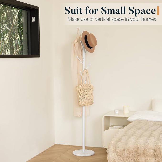 Yoobure Coat Rack Freestanding with Natural Marble Base - Coat Tree with 8 Hooks Heavy Duty Coat Hanger Stand, Metal Coat Rack Stand for Jacket, Hat, Clothes & Bag, Hall Tree Hat Rack for Entryway