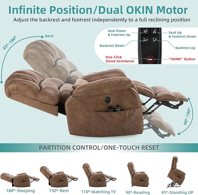 MEETWARM Oversized Dual Motor Power Lift Chair with Extended Footrest for Big Tall Elderly, Infinite Position Lay Flat Sleeper Electric Recliner, Heat Massage, Lumbar Pillow, USB & Type-C Ports, Brown