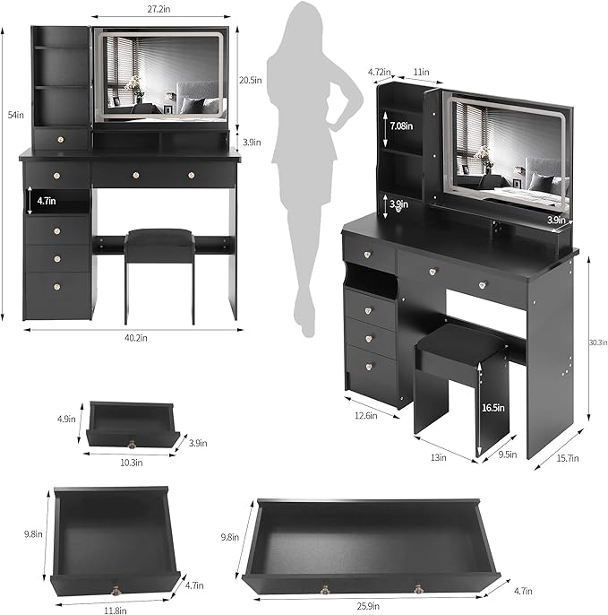 41" Vanity Desk with Mirror and Lights, Makeup Table with Led Mirror, 3 Lighting Colors, Vanity Set with 6 Drawers and Stool for Bedroom, Black