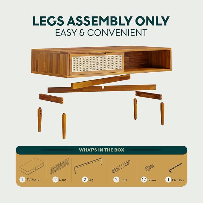 Bme Oliver Coffee Table, Mid Century Modern Coffee Table, Side Table with Storage, 2 Drawers & Open Compartments, Solid Wood Legs with Adjustable Levelers, Rattan Accent for Living Room, Caramel