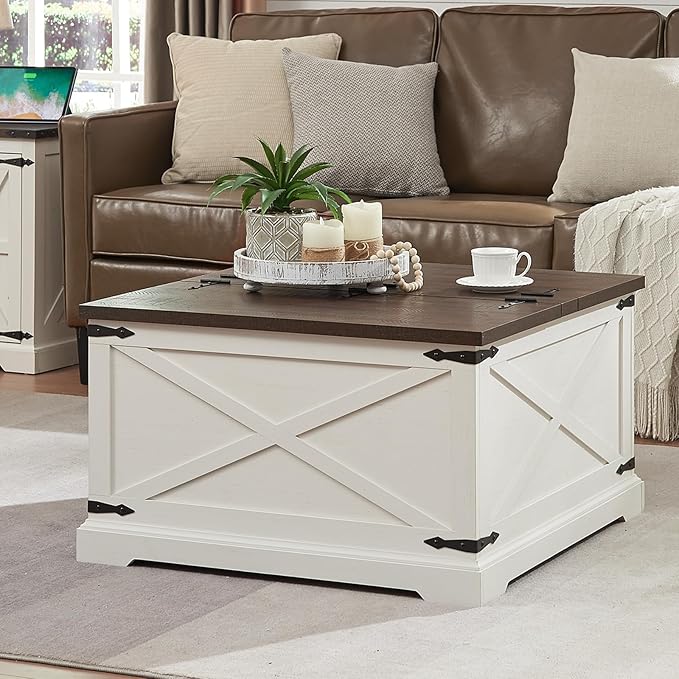 Farmhouse Square Coffee Table with Storage, Wood Center Table with Hinged Lift Top, Rustic Cocktail Table with Large Hidden Storage Compartment for Living Room, Bedroom,Antique White
