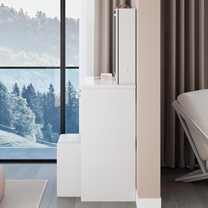 37" Vanity Desk with Mirror, Makeup Table with Sliding Mirror, Dressing Table with Multi Layer High Capacity Storage, Vanity Set with Drawers and Stool for Bedroom, White