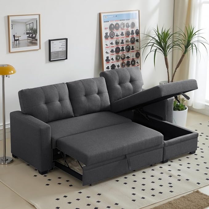 L-Shape Sofa Bed, 82" Sectional Couch with Storage Chaise, Pull Out Sleeper Sofa with Removable Back Cushions, Convertible Corner Couch for Living Room Apartment, Dark Gray