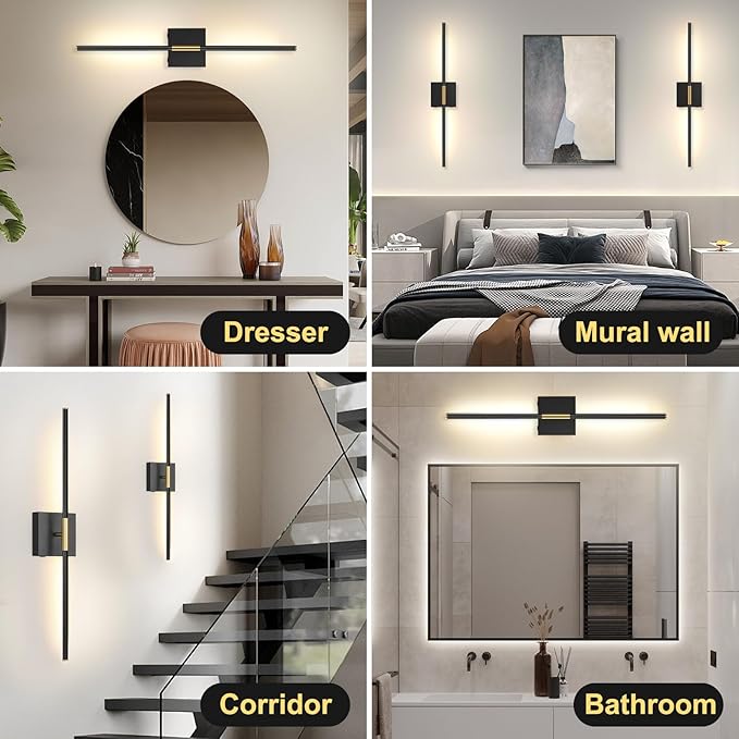 Battery Operated Wall Sconces Set of 2, Battery Wall Sconce with Remote Control, 350°Rotate, LED Rechargeable Sconces,3000K-6000K Wireless Wall Light for Bedroom, Living Room, Hallway (Black,32Inch)