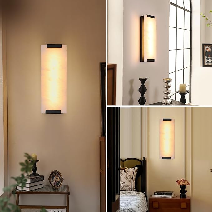 14.2in Alabaster Wall Sconces, Large Natural Marble Wall Sconces Set of Two, LED Modern Wall Lamp for Bedroom, Stairs, Living Room, Vanity, Bedside, Hallway (Black 12W)
