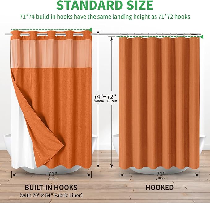 No Hooks Needed Linen Textured Shower Curtain with Snap-in Fabric Liner Set,Hotel Luxury Decor Waterproof Shower Curtains for Bathroom with Mesh Top Window,Washable,71Wx74H,Burnt Orange
