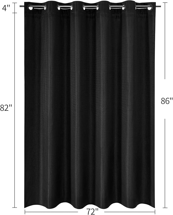 MitoVilla No Hooks Needed Extra Long Shower Curtain Set with Snap-in Liner, 86 inch XL Black Waffle Heavyweight Fabric Cloth Shower Curtains for Modern Luxury Hotel & Spa Bathroom Decor