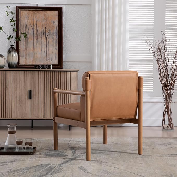 Modern Living Room Chair, Brown Upholstered Accent Chair with Channel Tufted Back, Walnut Wood Lounge Reading Arm Chair, Faux Leather Fabric Side Sitting Chair for Guest Room, Balcony, Bedroom