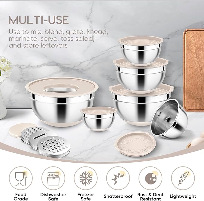E-far 25PCS Mixing Bowls with Lid Set, Stainless Steel Nesting Prep Bowls with Grater Attachments Non-Slip Bottoms for Cooking, Serving, Food Storage, 4.6/2.6/2/1.5/1/0.7QT - Khaki