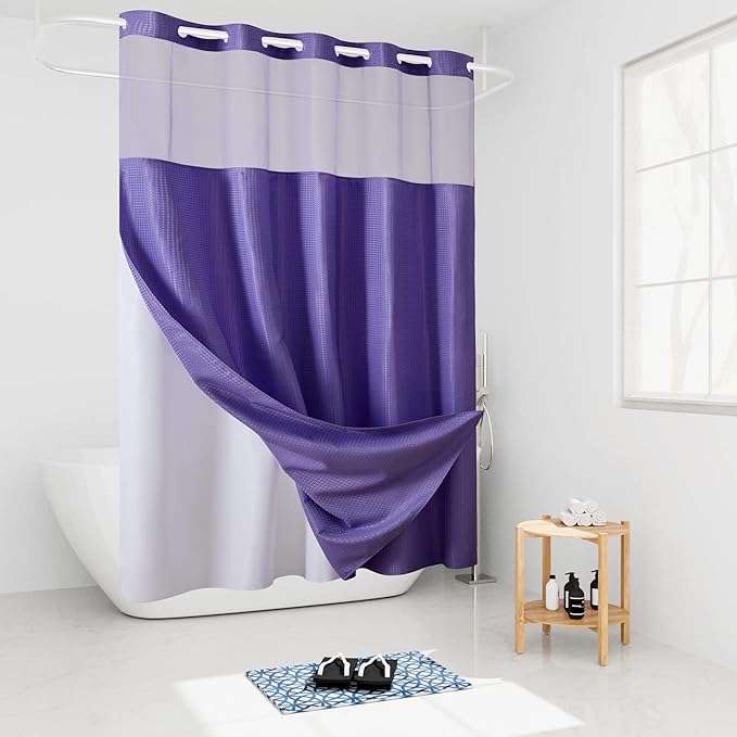 Furlinic Extra Long No Hook Waffle Weave Shower Curtain with Snap in Fabric Liner Set,Heavy Duty Textured Bathroom Curtains with See Through Window,Waterproof & Machine Washable,Purple,71x96 Inch